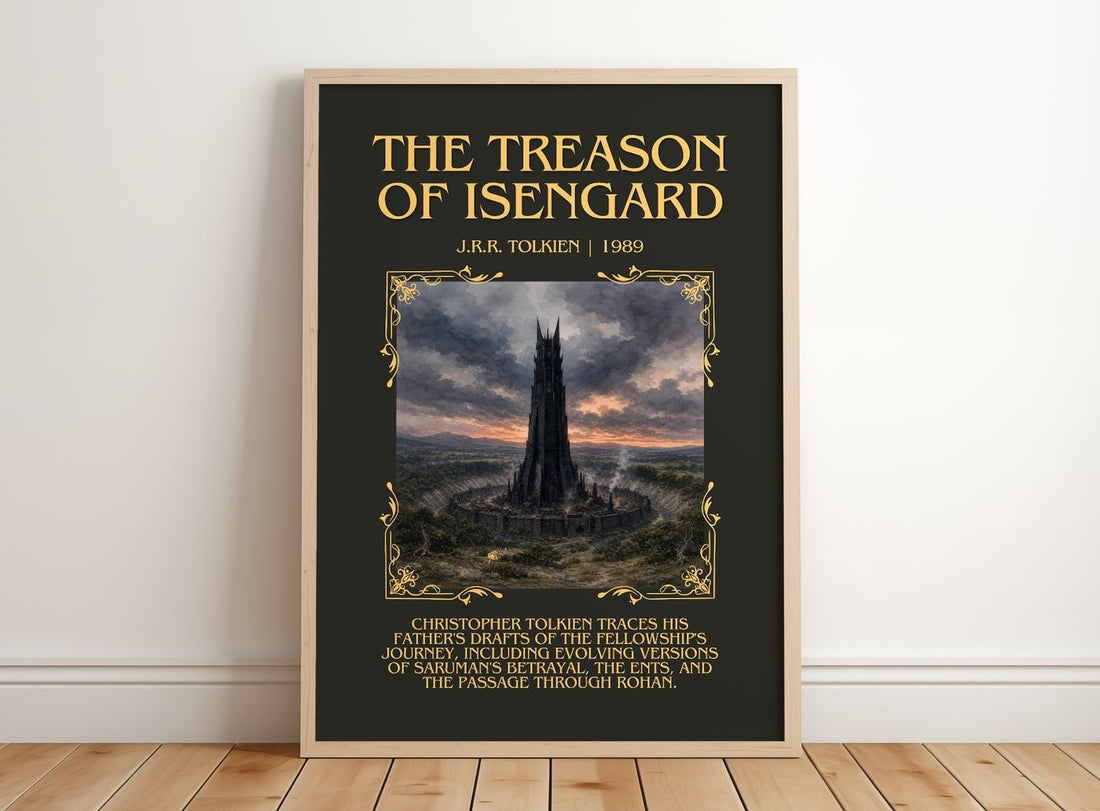 The Treason Of Isengard Minimalist Book Poster by J.R.R. Tolkien – framed print leaning on a wooden floor