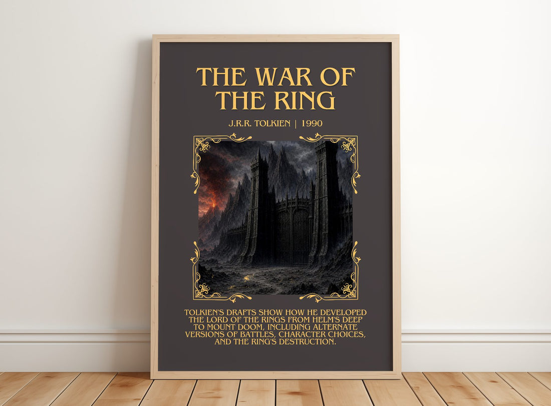 The War Of The Ring Minimalist Book Poster by J.R.R. Tolkien – framed print leaning on a wooden floor