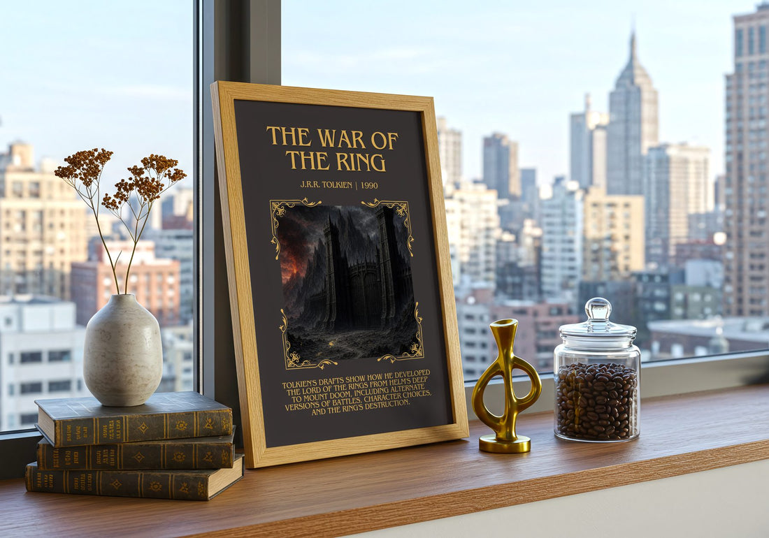The War Of The Ring Minimalist Book Poster by J.R.R. Tolkien – framed print on a city-view windowsill