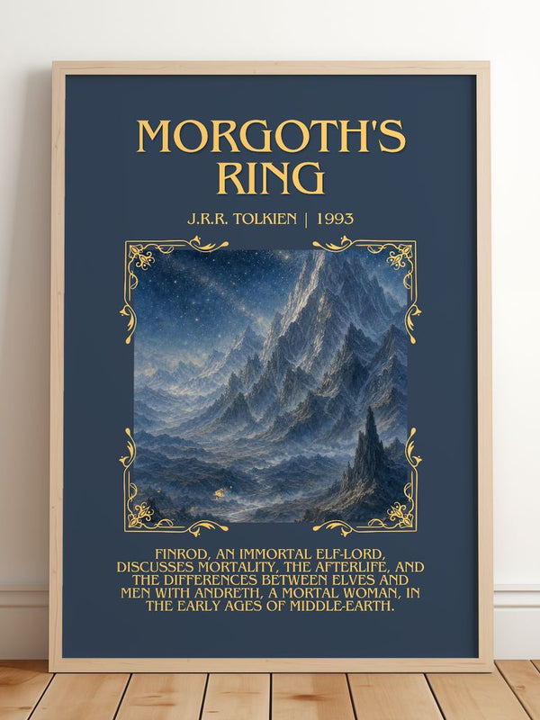 Morgoth'S Ring Minimalist Book Poster by J.R.R. Tolkien – framed print leaning on a wooden floor