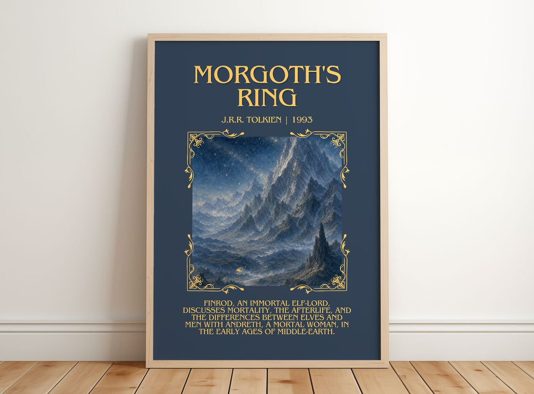 Morgoth'S Ring Minimalist Book Poster by J.R.R. Tolkien – framed print leaning on a wooden floor
