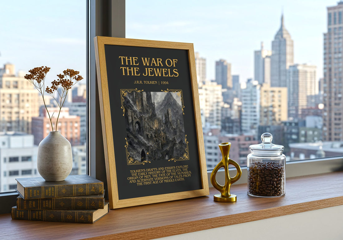 The War Of The Jewels Minimalist Book Poster by J.R.R. Tolkien – framed print on a city-view windowsill