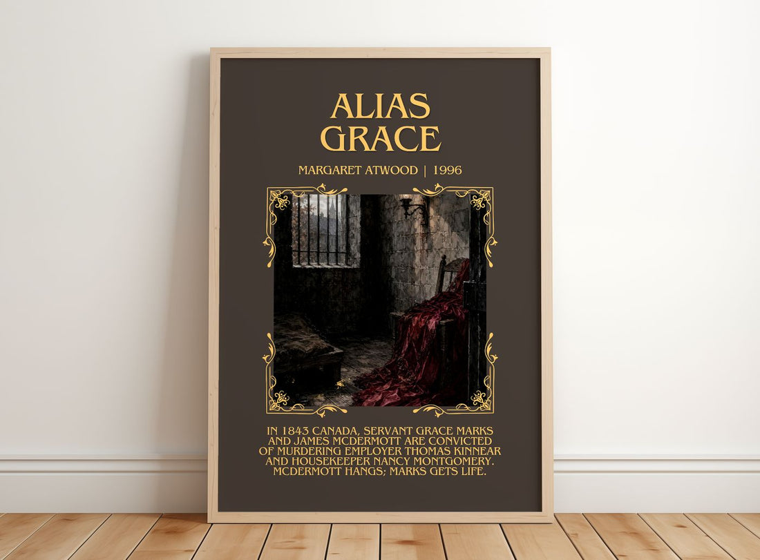 Alias Grace Minimalist Book Poster by Margaret Atwood – framed print leaning on a wooden floor