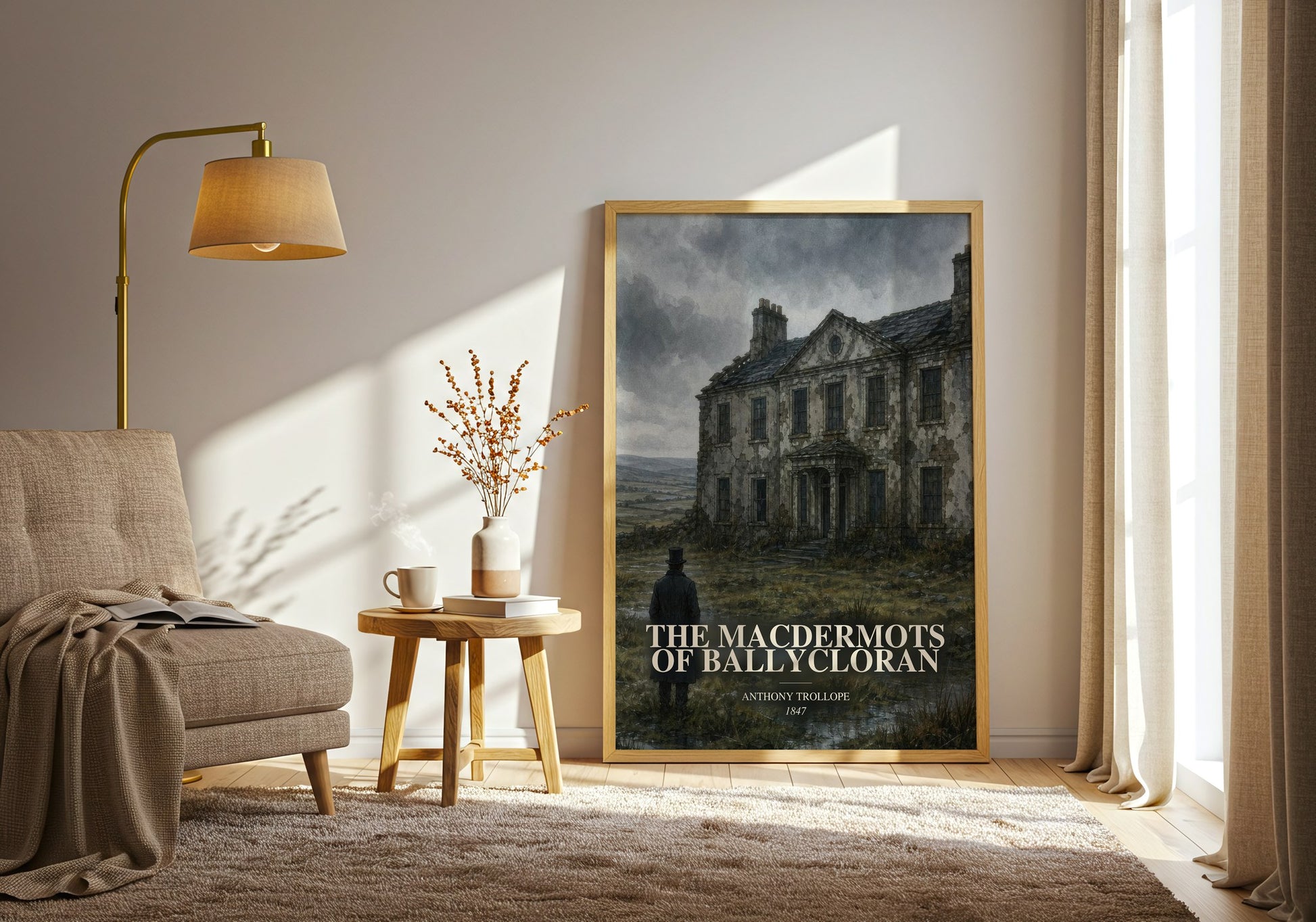The Macdermots Of Ballycloran watercolour print in frame leaning in hallway – historical fiction wall art