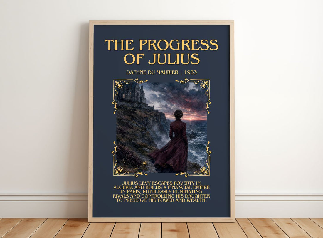 The Progress of Julius Minimalist Book Poster by Daphne du Maurier – framed print leaning on a wooden floor