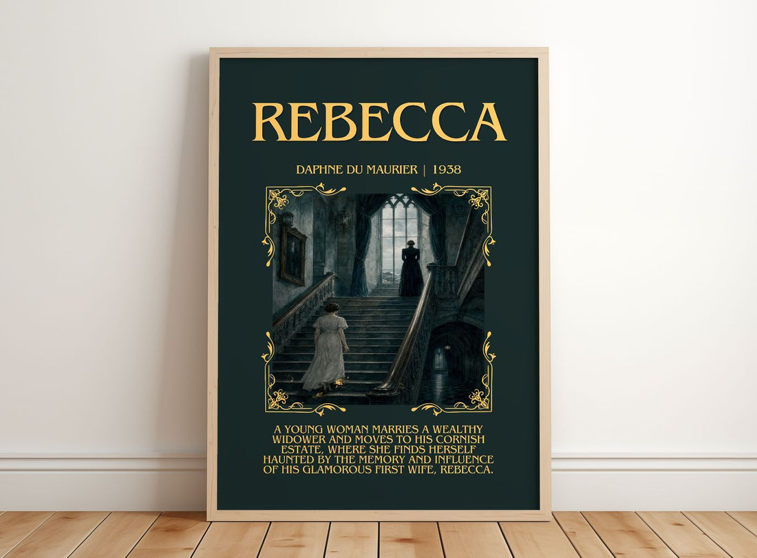 Rebecca Minimalist Book Poster by Daphne du Maurier – framed print leaning on a wooden floor
