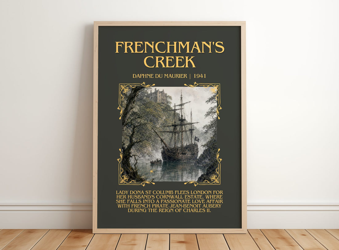Frenchman's Creek Minimalist Book Poster by Daphne du Maurier – framed print leaning on a wooden floor