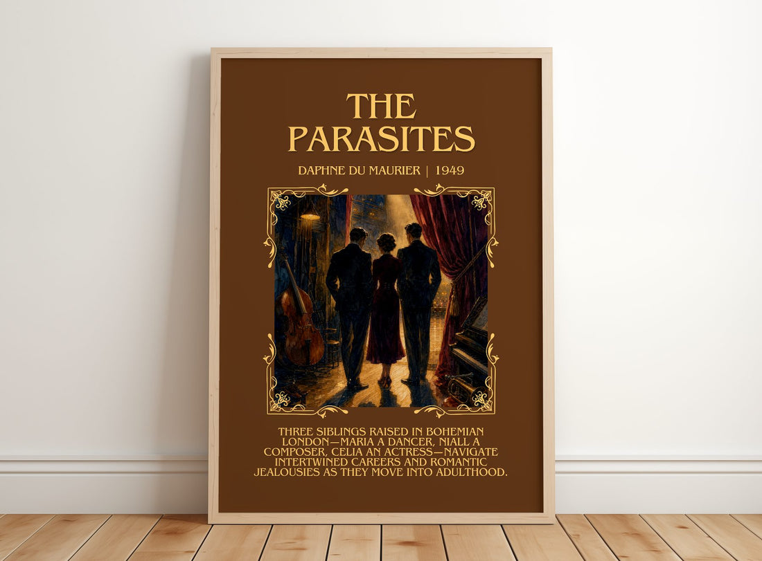 The Parasites Minimalist Book Poster by Daphne du Maurier – framed print leaning on a wooden floor