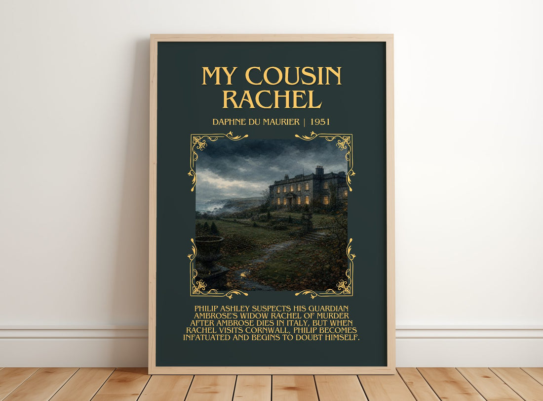 My Cousin Rachel Minimalist Book Poster by Daphne du Maurier – framed print leaning on a wooden floor