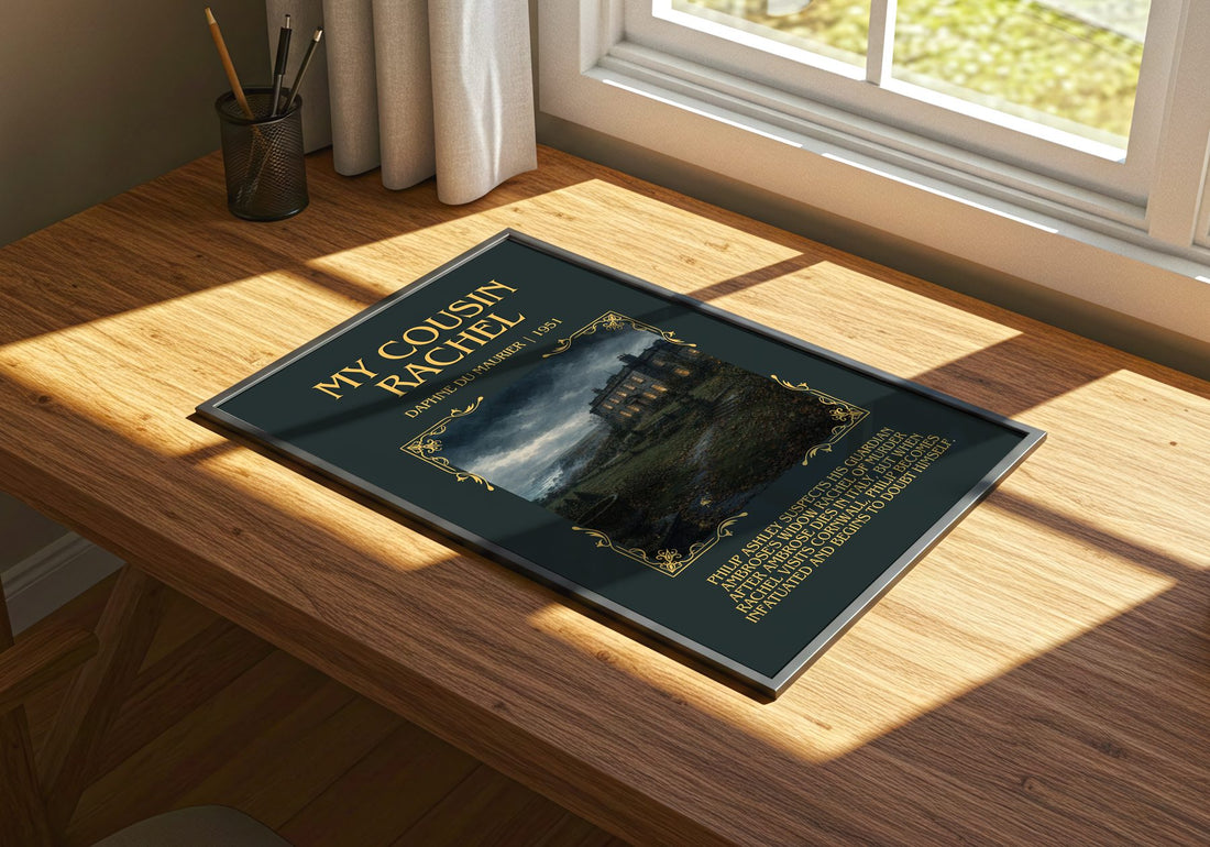 My Cousin Rachel Minimalist Book Poster by Daphne du Maurier – print on a sunlit desk