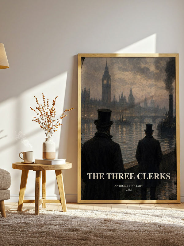 The Three Clerks watercolour print in frame leaning in hallway – classic literature wall art
