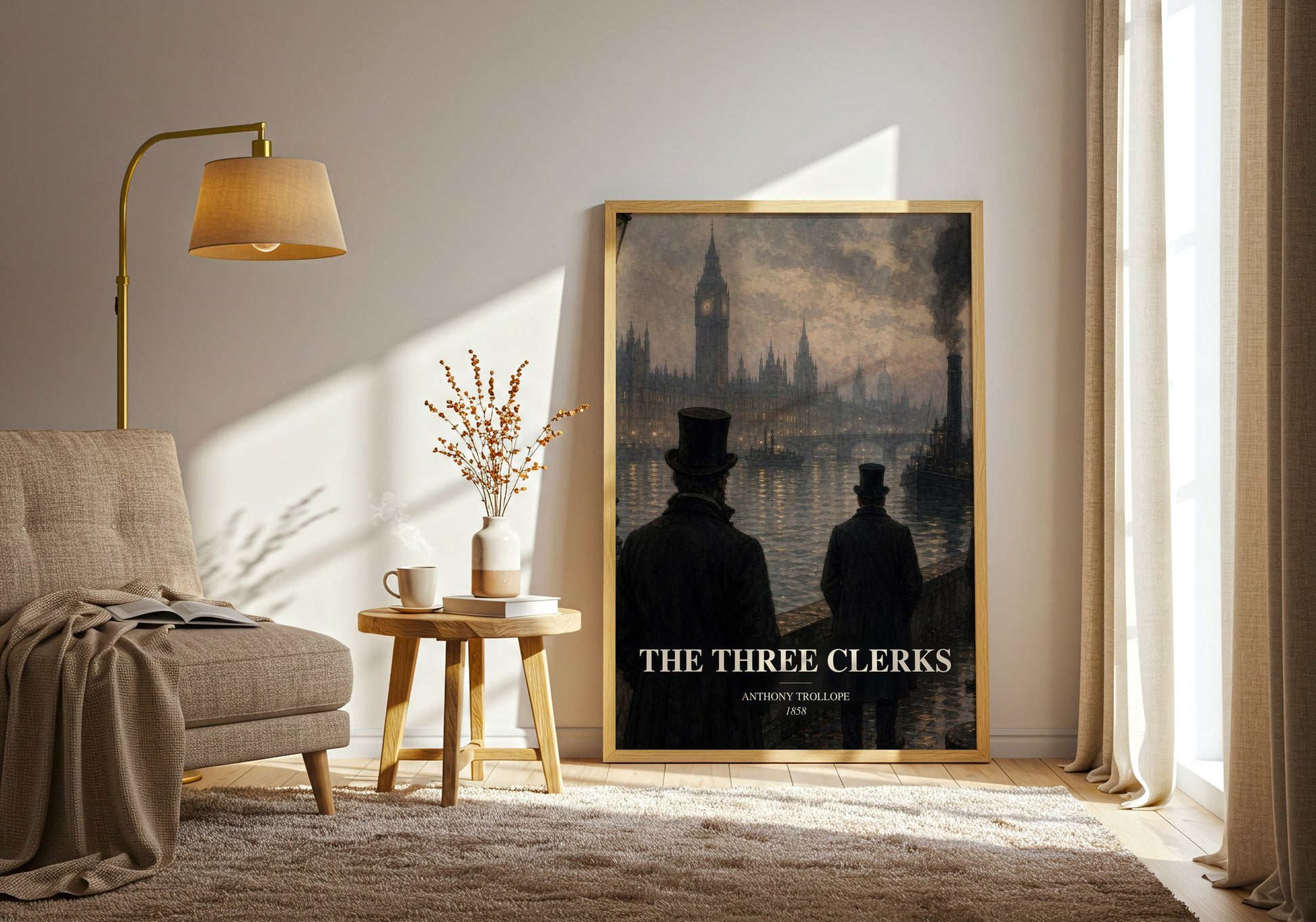 The Three Clerks watercolour print in frame leaning in hallway – classic literature wall art