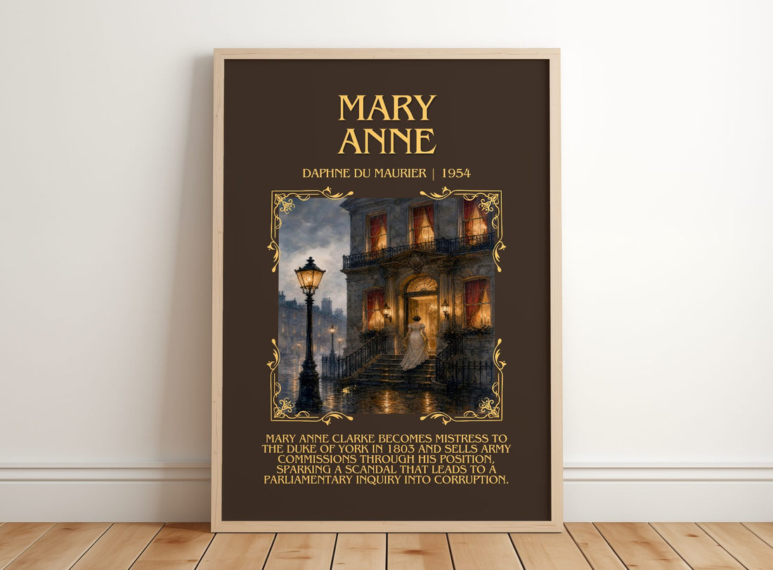 Mary Anne Minimalist Book Poster by Daphne du Maurier – framed print leaning on a wooden floor