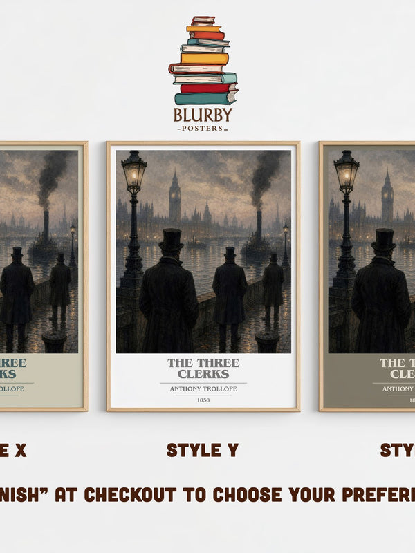 The Three Clerks book cover print in frame leaning in hallway – classic literature wall art