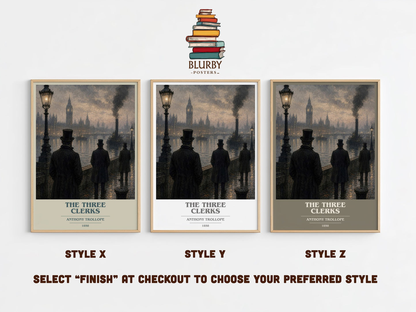 The Three Clerks book cover print in frame leaning in hallway – classic literature wall art