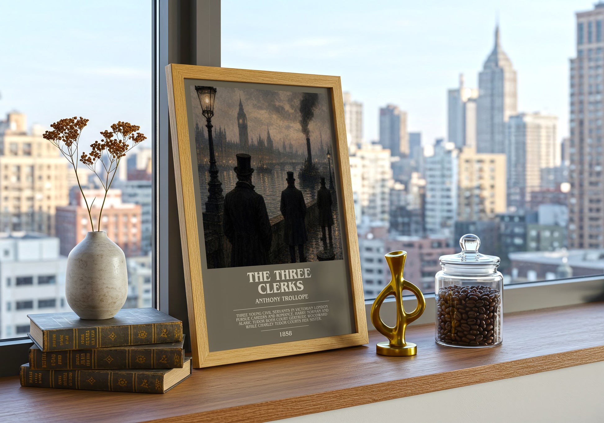 The Three Clerks bookish print framed by window – literary home decor