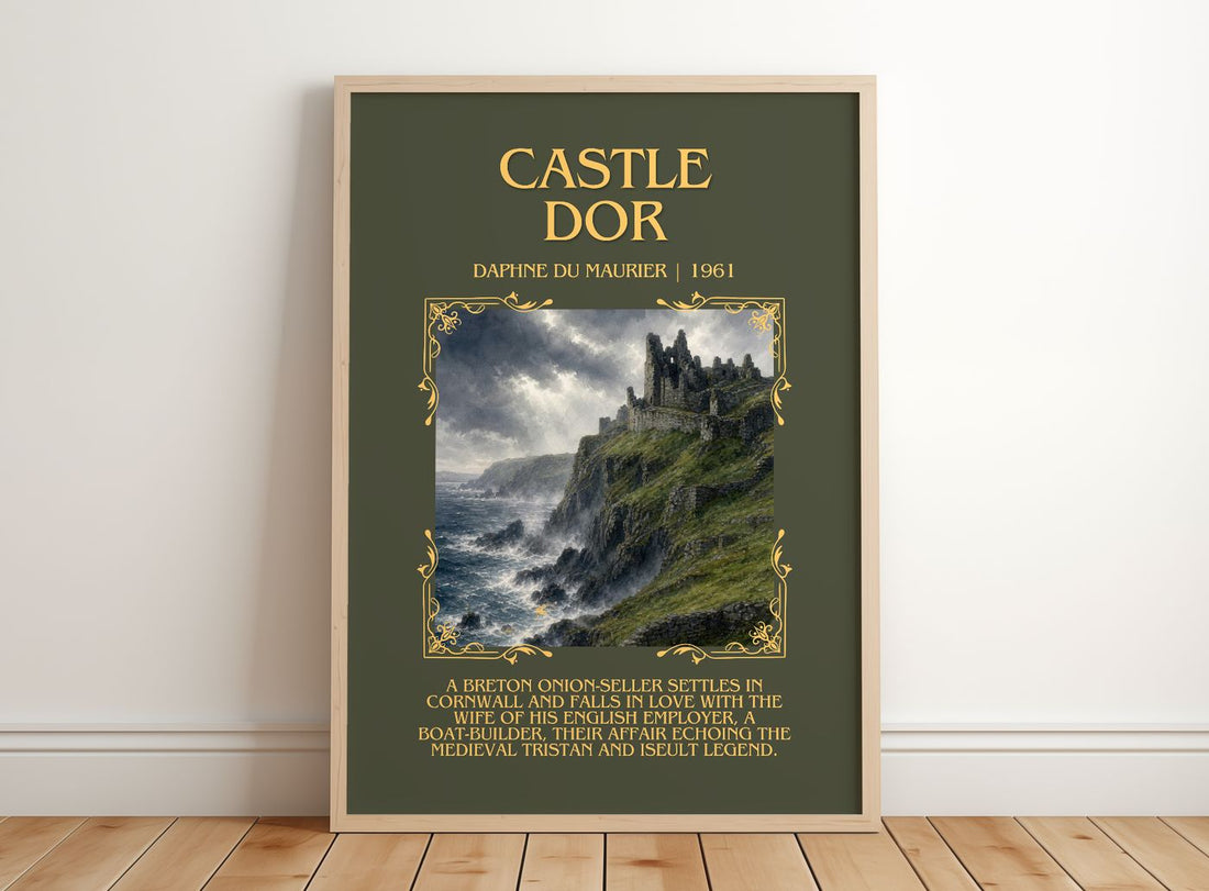 Castle Dor Minimalist Book Poster by Daphne du Maurier – framed print leaning on a wooden floor