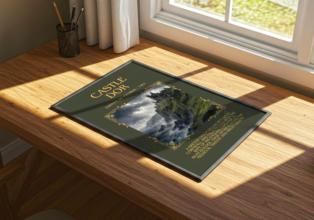 Castle Dor Minimalist Book Poster by Daphne du Maurier – print on a sunlit desk