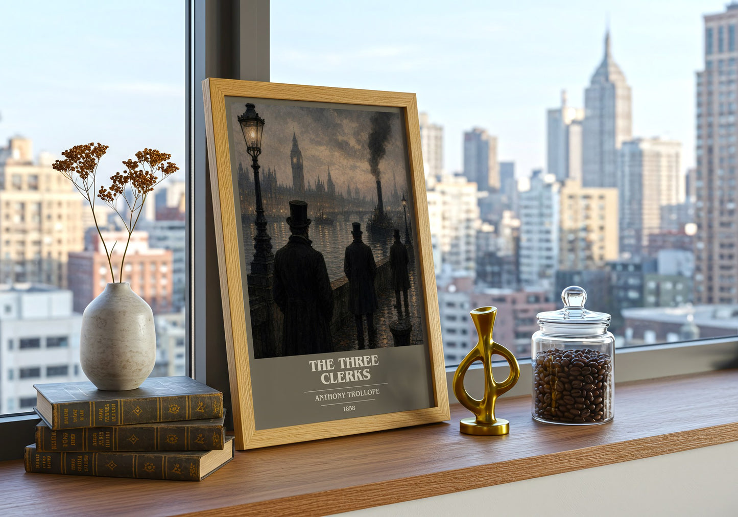 The Three Clerks book cover print framed by window – literary home decor