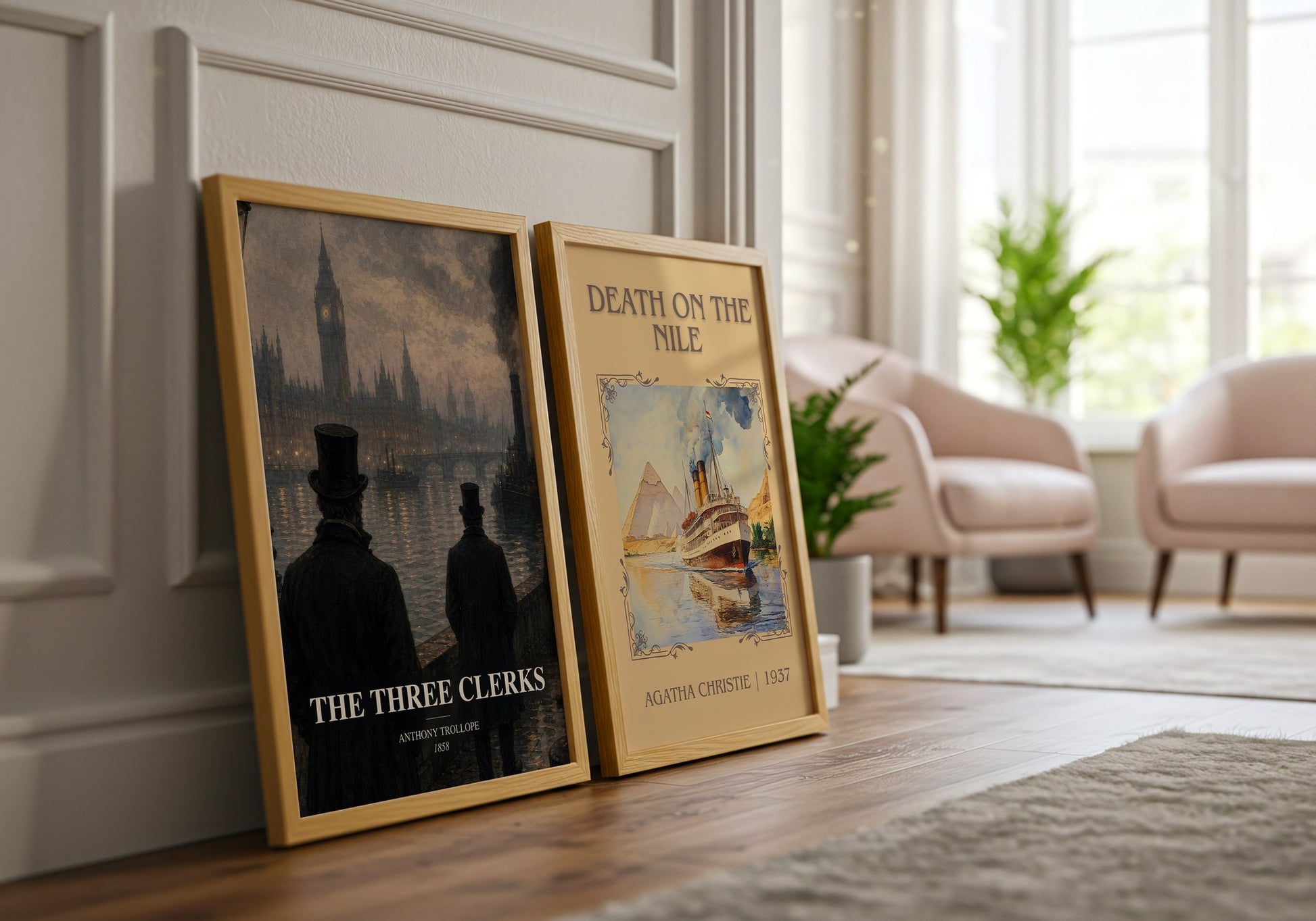 The Three Clerks watercolour print framed by window – literary home decor