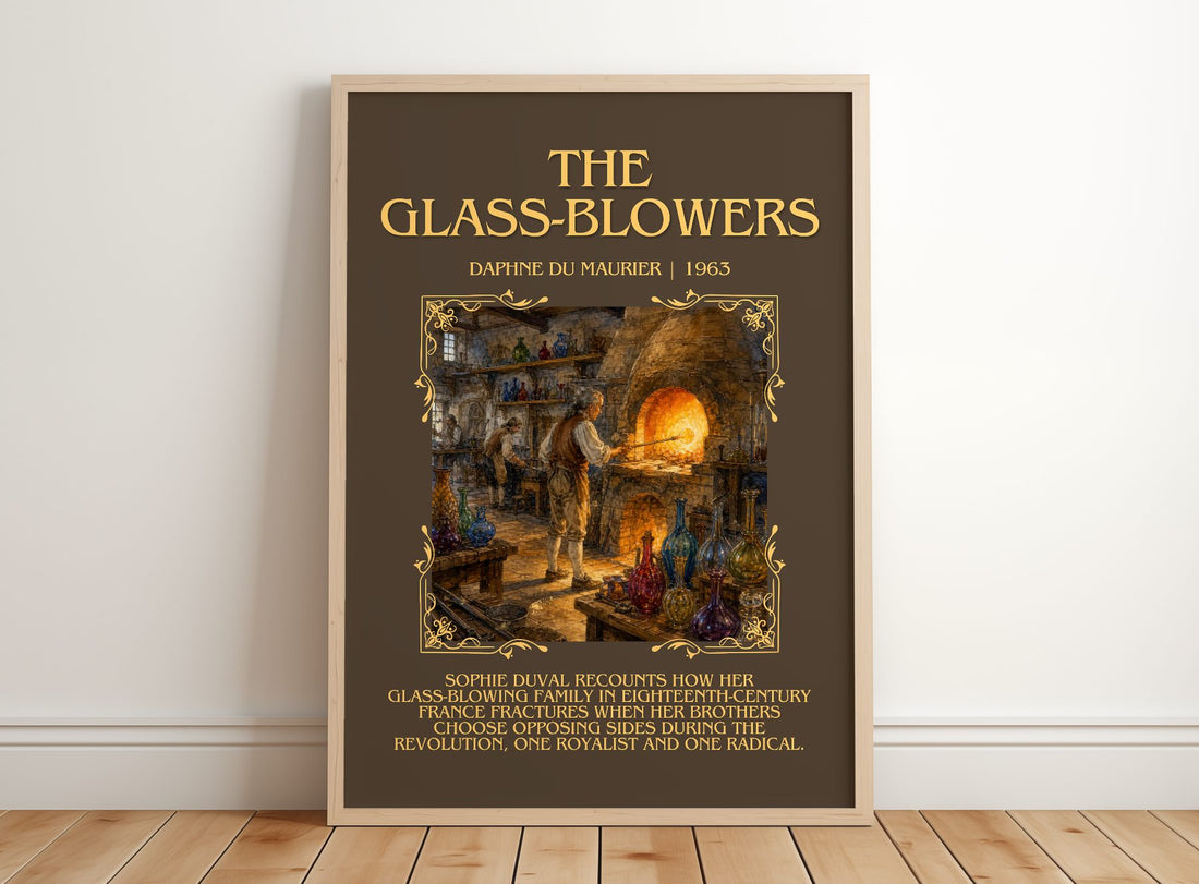 The Glass-Blowers Minimalist Book Poster by Daphne du Maurier – framed print leaning on a wooden floor