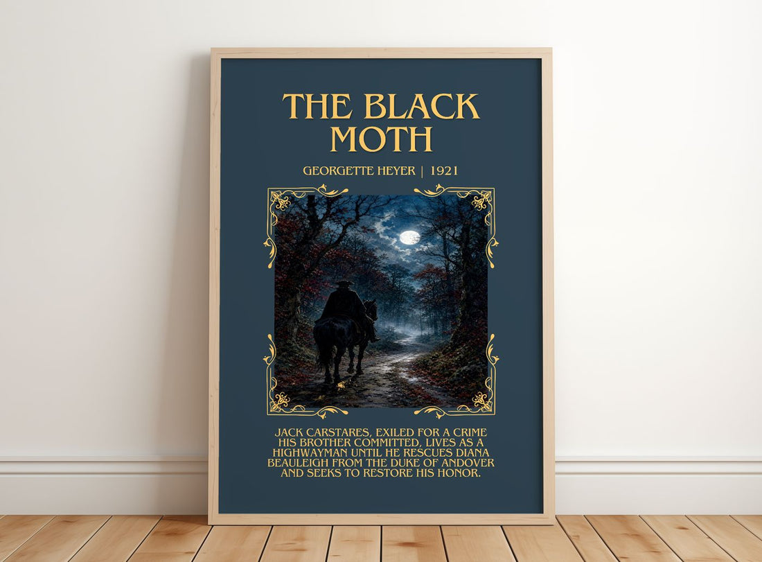 The Black Moth Minimalist Book Poster by Georgette Heyer – framed print leaning on a wooden floor