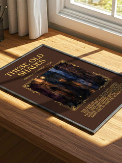 These Old Shades Minimalist Book Poster by Georgette Heyer – print on a sunlit desk