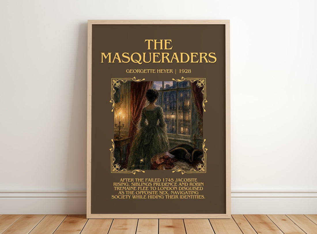 The Masqueraders Minimalist Book Poster by Georgette Heyer – framed print leaning on a wooden floor