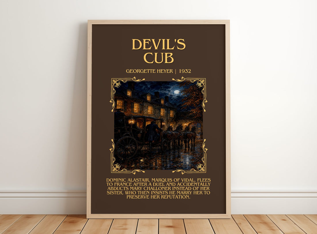 Devil's Cub Minimalist Book Poster by Georgette Heyer – framed print leaning on a wooden floor