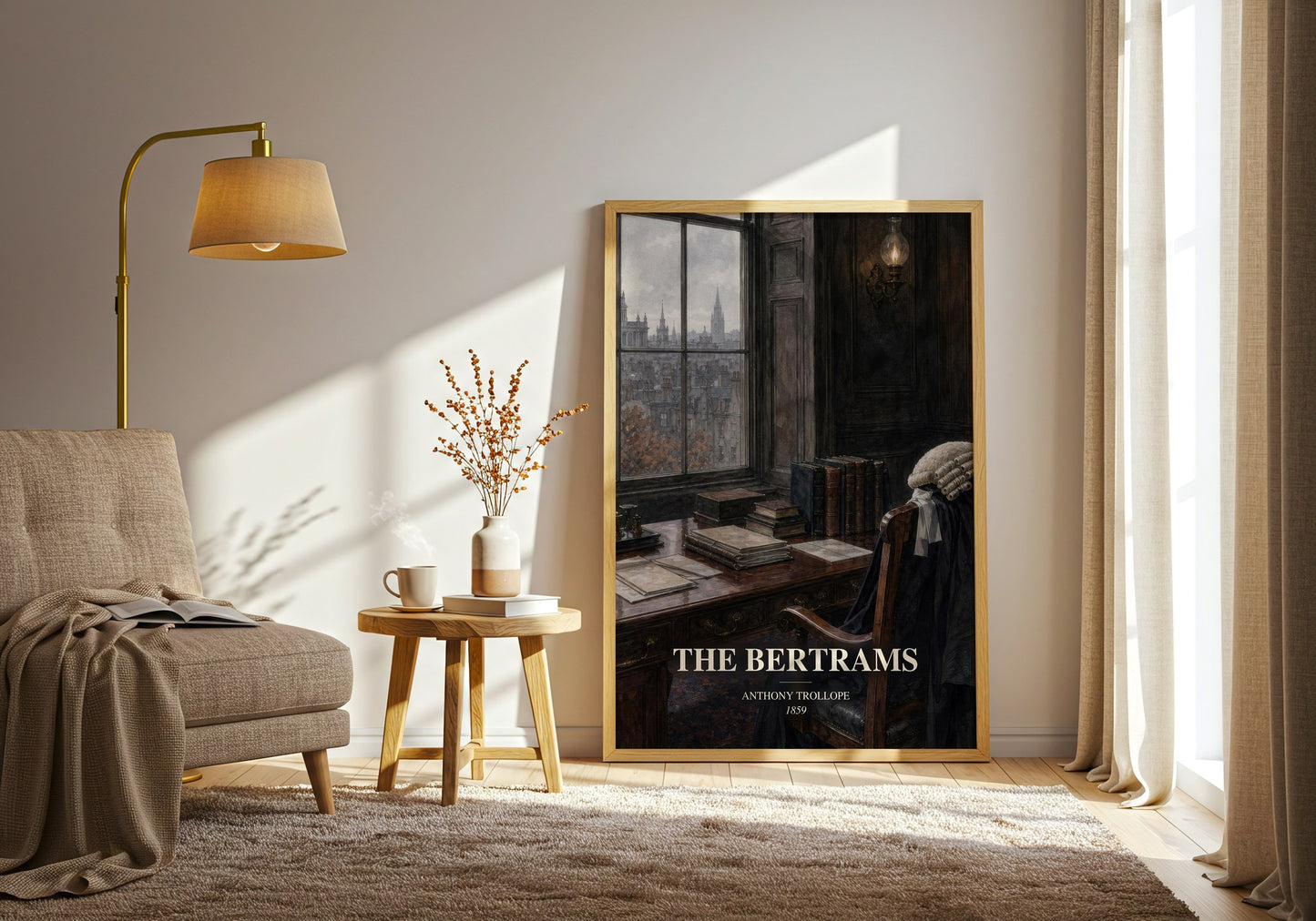 The Bertrams watercolour print in frame leaning in hallway – classic literature wall art