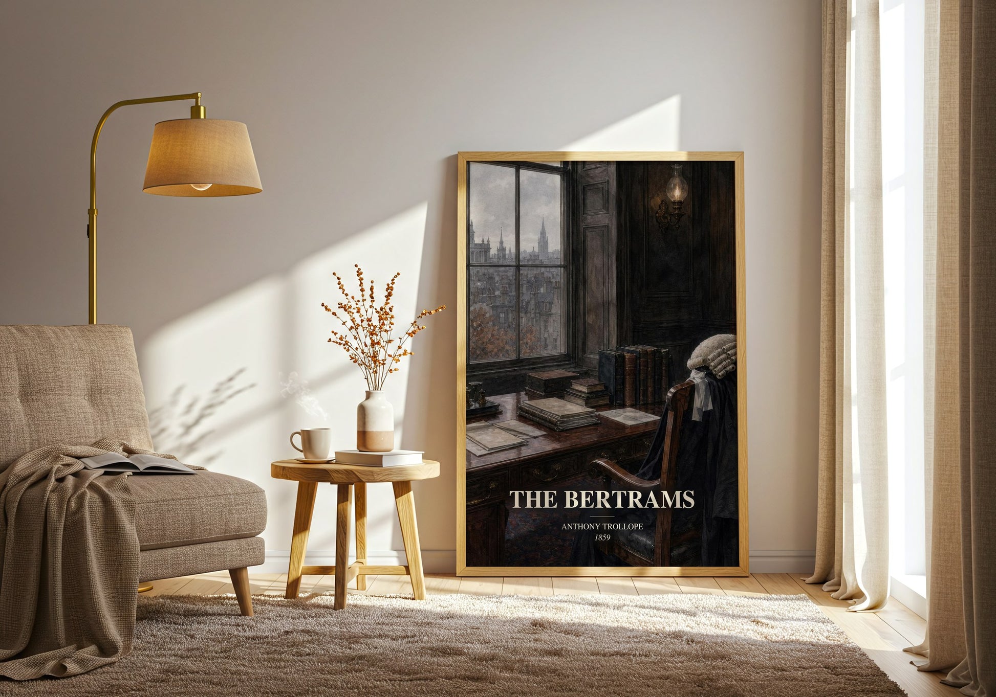 The Bertrams watercolour print in frame leaning in hallway – classic literature wall art