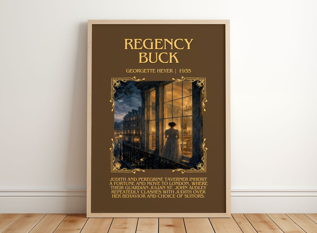 Regency Buck Minimalist Book Poster by Georgette Heyer – framed print leaning on a wooden floor