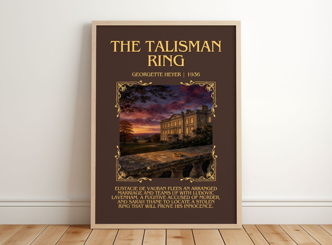 The Talisman Ring Minimalist Book Poster by Georgette Heyer – framed print leaning on a wooden floor