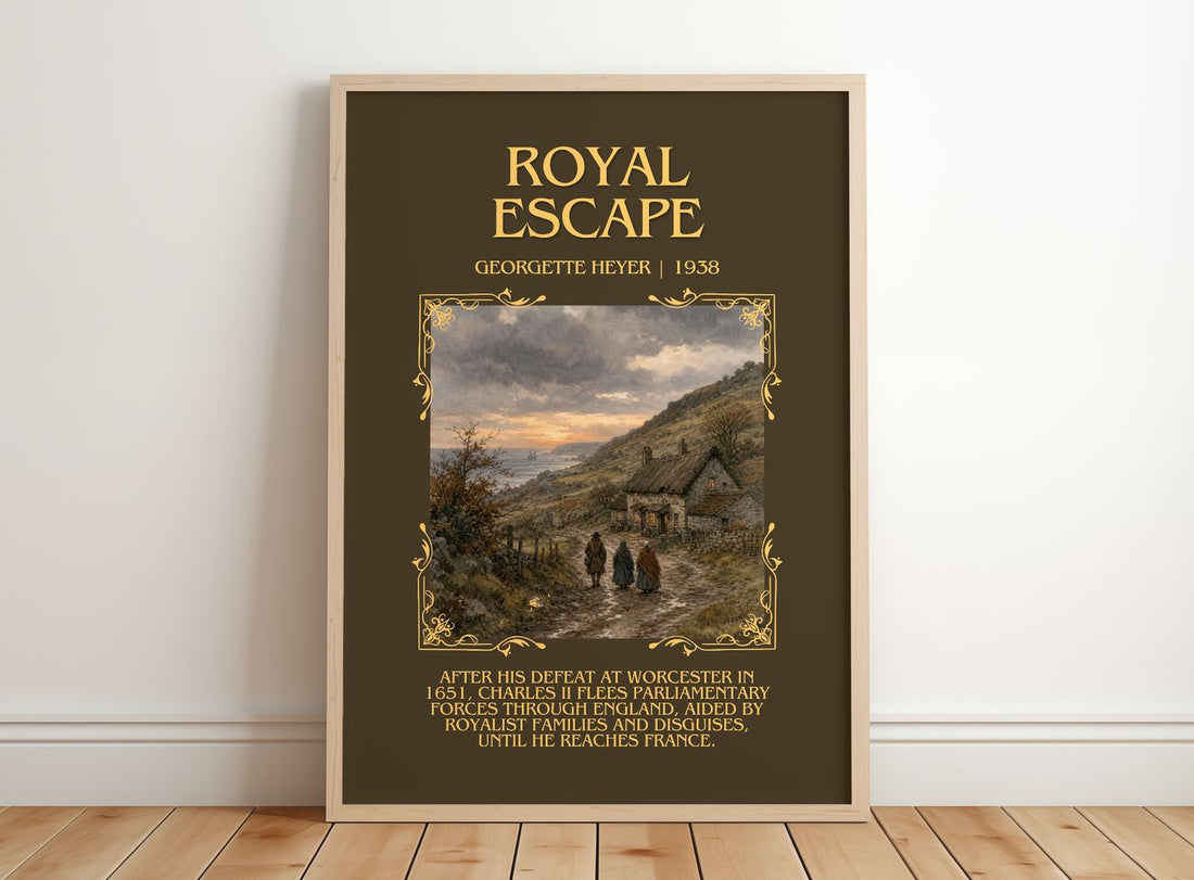 Royal Escape Minimalist Book Poster by Georgette Heyer – framed print leaning on a wooden floor