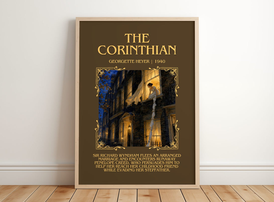 The Corinthian Minimalist Book Poster by Georgette Heyer – framed print leaning on a wooden floor