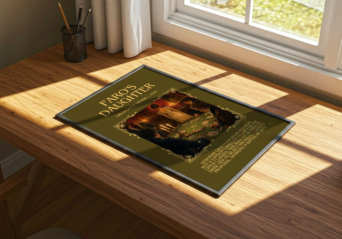 Faro's Daughter Minimalist Book Poster by Georgette Heyer – print on a sunlit desk