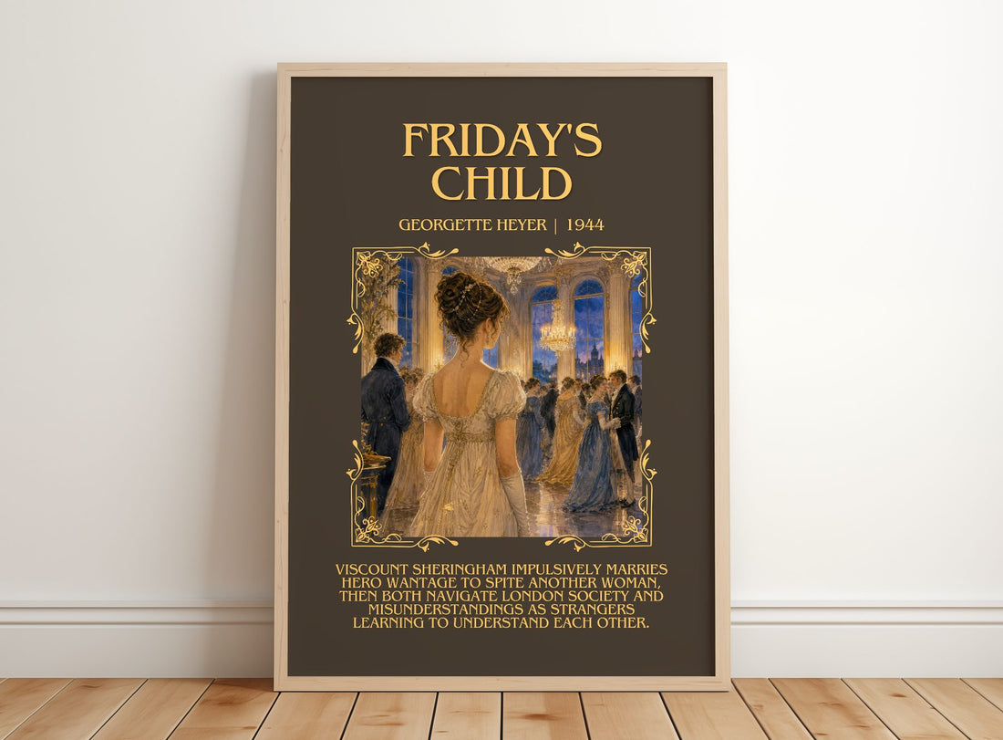 Friday's Child Minimalist Book Poster by Georgette Heyer – framed print leaning on a wooden floor