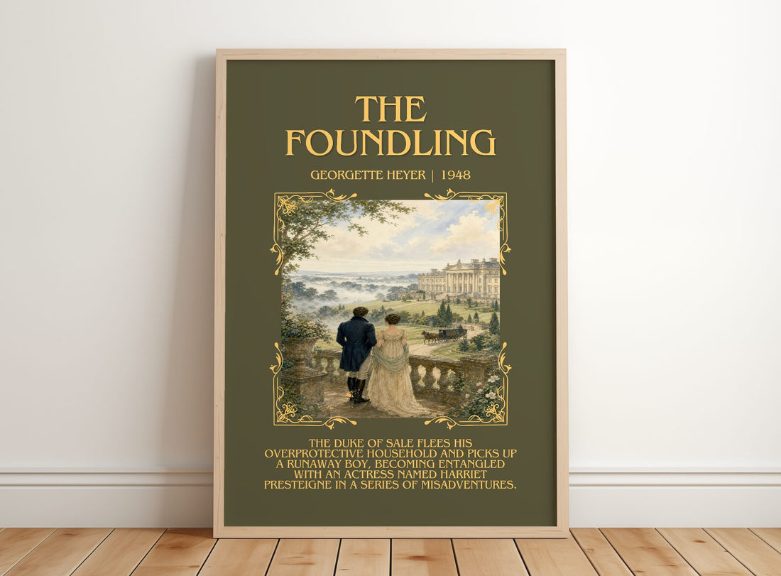 The Foundling Minimalist Book Poster by Georgette Heyer – framed print leaning on a wooden floor
