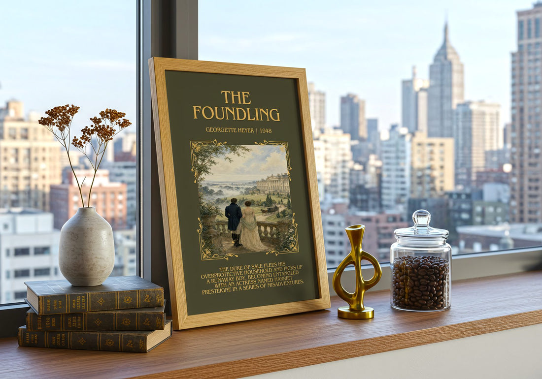 The Foundling Minimalist Book Poster by Georgette Heyer – framed print on a city-view windowsill