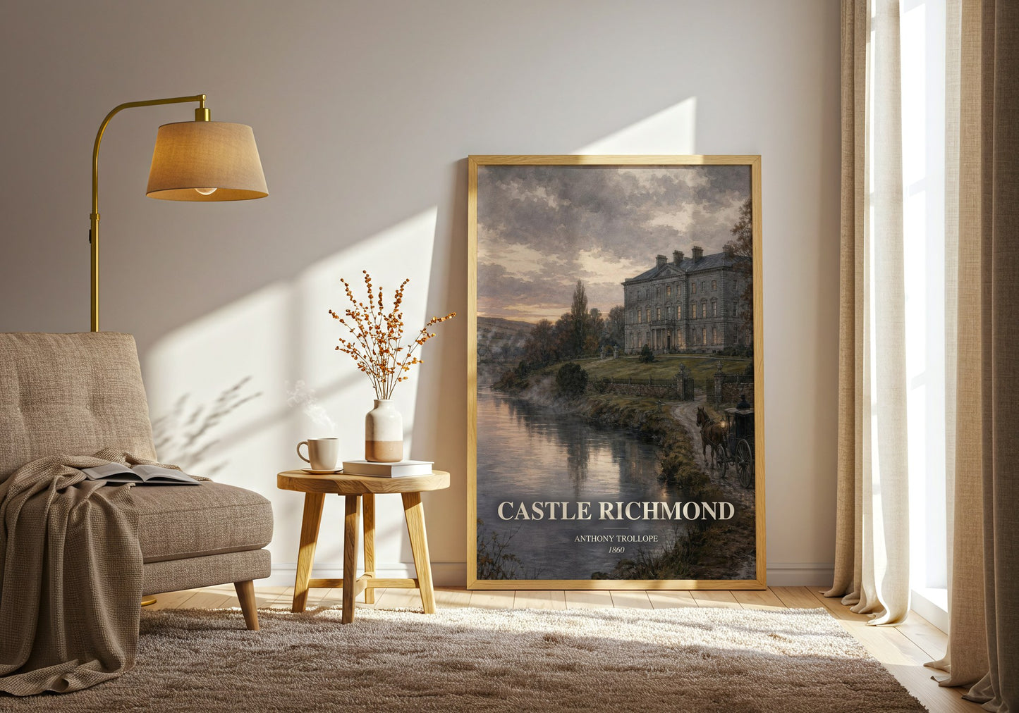 Castle Richmond watercolour print in frame leaning in hallway – historical fiction wall art