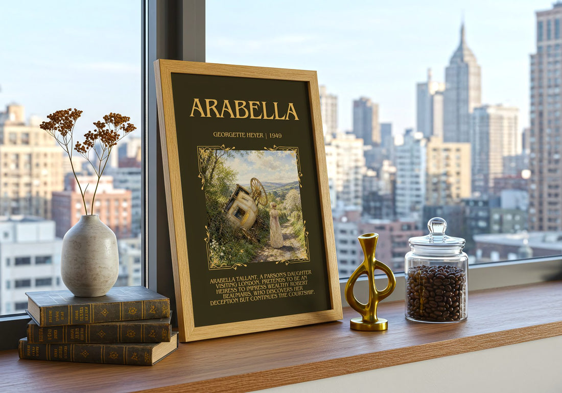 Arabella Minimalist Book Poster by Georgette Heyer – framed print on a city-view windowsill