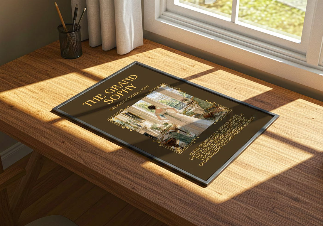 The Grand Sophy Minimalist Book Poster by Georgette Heyer – print on a sunlit desk