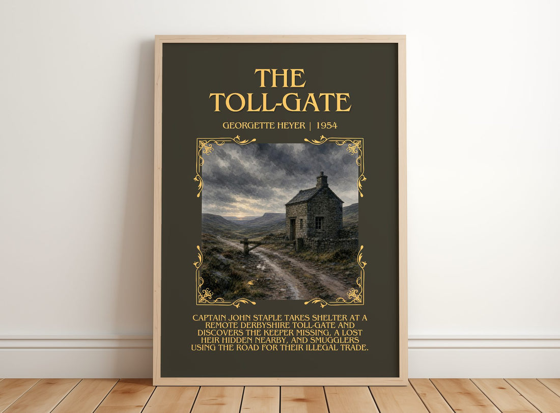 The Toll-Gate Minimalist Book Poster by Georgette Heyer – framed print leaning on a wooden floor