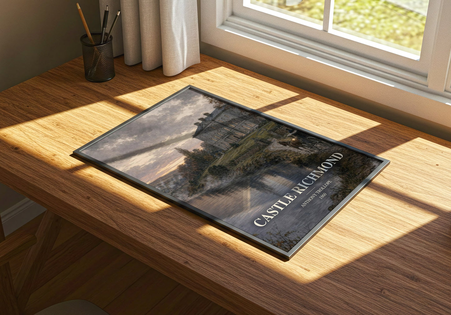 Castle Richmond watercolour book poster framed on wall – historical fiction wall art