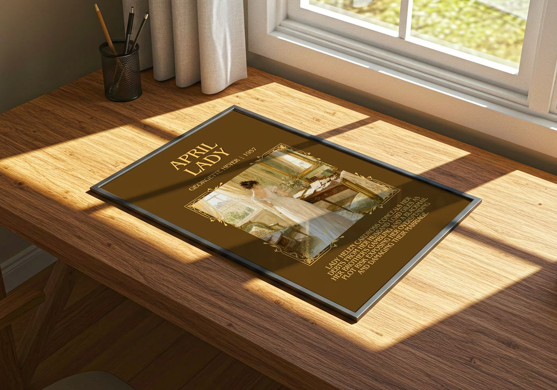 April Lady Minimalist Book Poster by Georgette Heyer – print on a sunlit desk