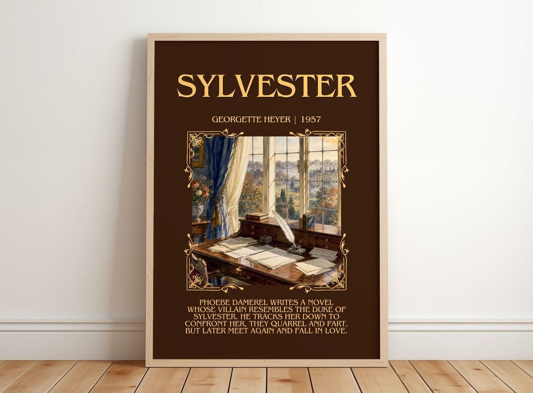 Sylvester Minimalist Book Poster by Georgette Heyer – framed print leaning on a wooden floor