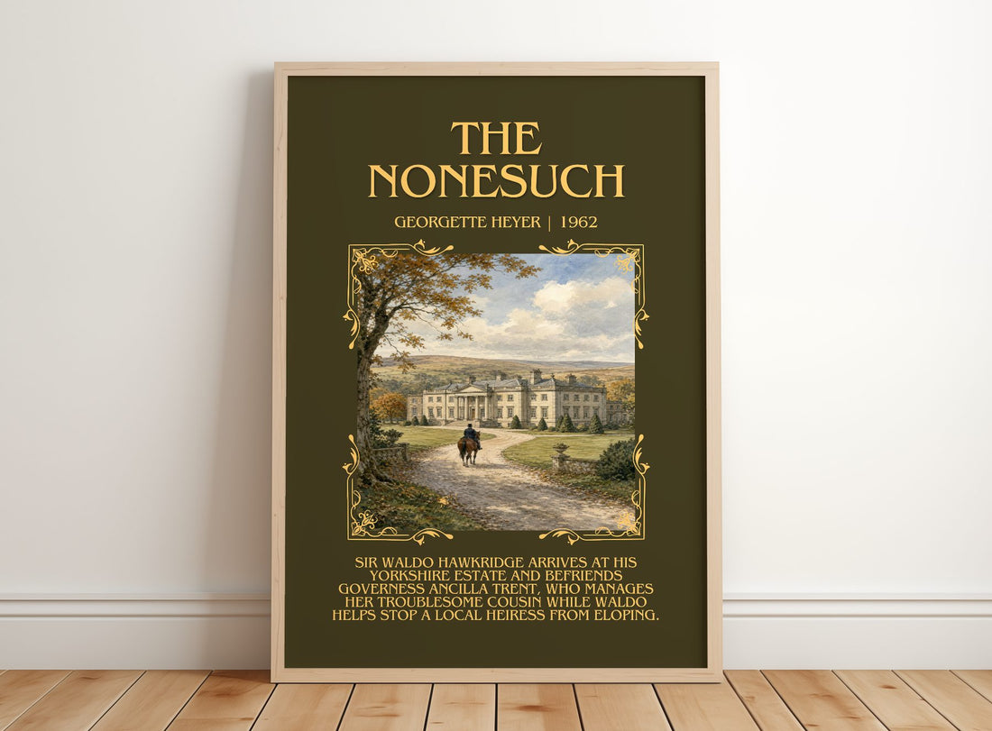 The Nonesuch Minimalist Book Poster by Georgette Heyer – framed print leaning on a wooden floor