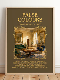 False Colours Minimalist Book Poster by Georgette Heyer – framed print leaning on a wooden floor