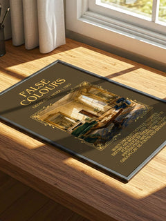False Colours Minimalist Book Poster by Georgette Heyer – print on a sunlit desk