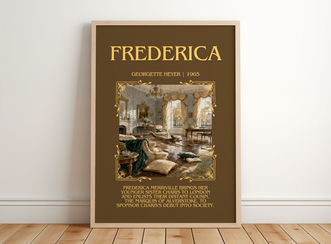 Frederica Minimalist Book Poster by Georgette Heyer – framed print leaning on a wooden floor